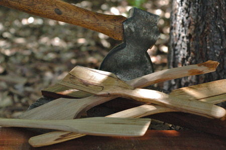 I carved some spoons and spatulas this year from maple and madrone. When I come across some nice wood, I blank out billets with my hatchet and store them for later use. The rough shape is made with the hatchet and finished with a knife, rasp and sandpaper. They sold pretty well, but I don't really do it for the money, because it doesn't pay that well when using hand tools. A bandsaw would speed it up, but where's the fun in that?